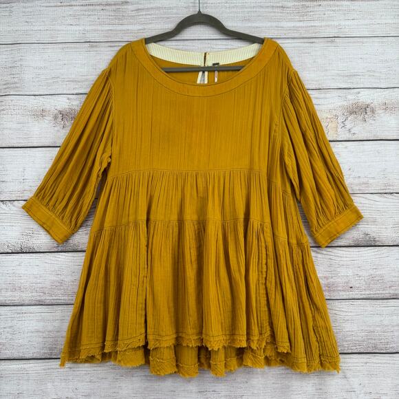 Free People Oversized Tunic Dress Womens Medium Gold Yellow 3/4 Sleeve Open Back - Picture 1 of 9